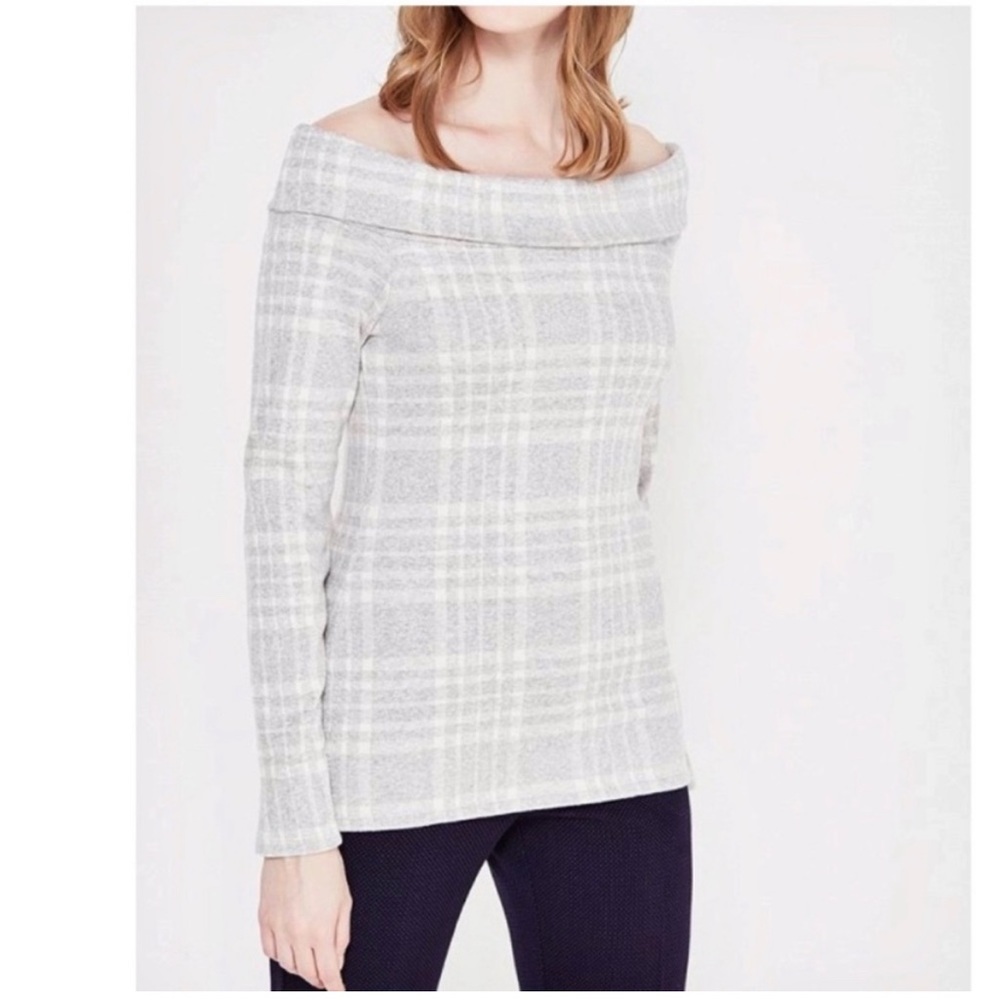 Banana Republic Off the Shoulder Plaid Sweater